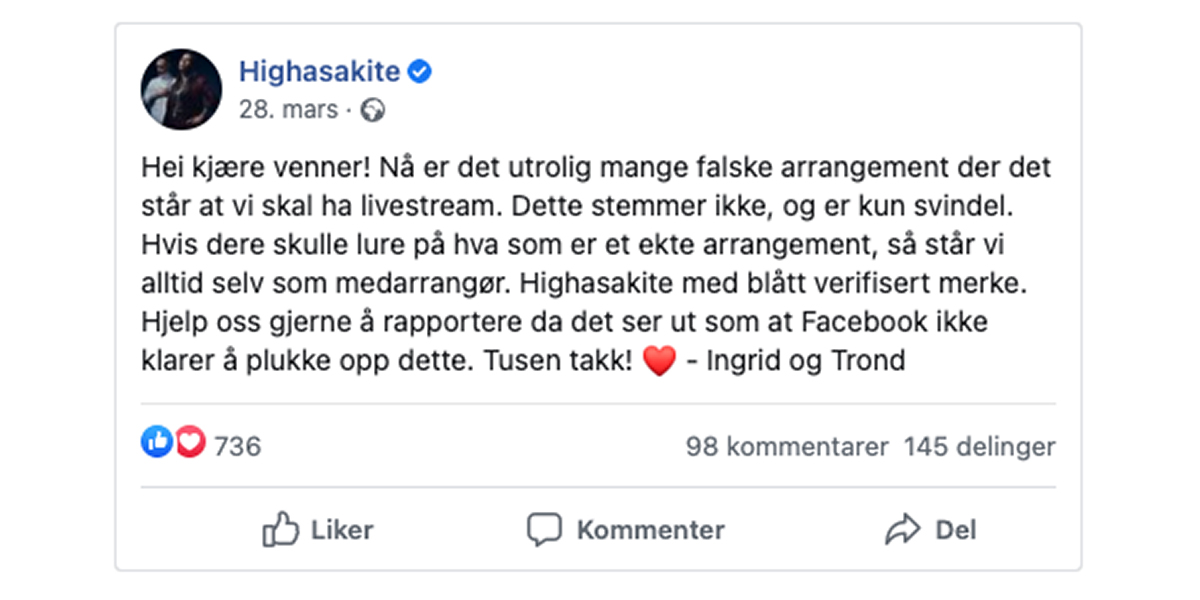 Highasakite advarer mot falske arrangmenter.