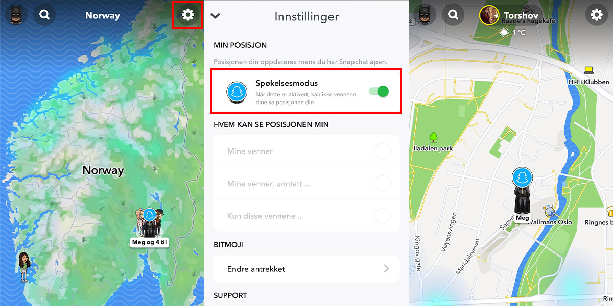 Aktiver Spøkelsesmodus i Snapkart for å unngå at andre ser hvor du er.