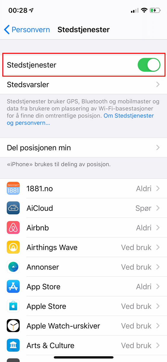 Posisjonsdata på iPhone